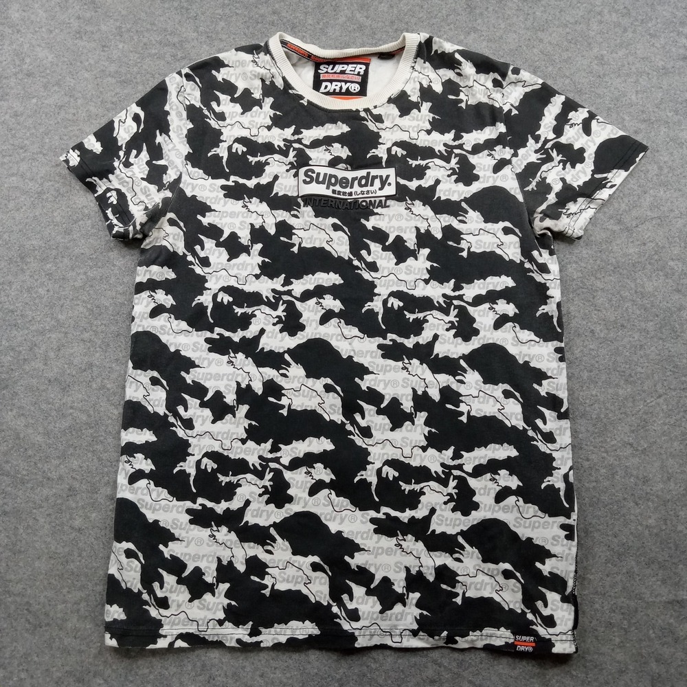 Superdry Shirt Mens Small Black White Camo Logo Graphic 100% Cotton Japan